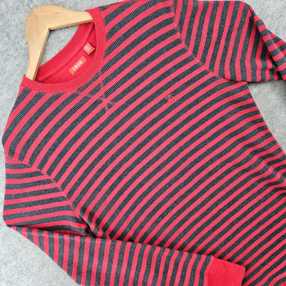 IZOD Thermal Shirt Mens Small Red Gray Striped Waffle Knit Long Sleeve Crew Neck